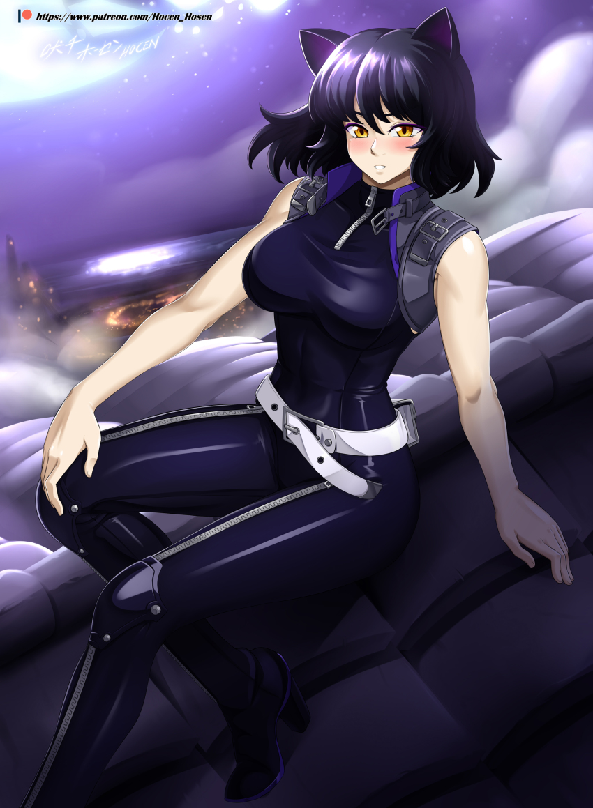 1girl, absurdres, animal_ears, artist_name, bare_shoulders, belt, black_hair, blake_belladonna