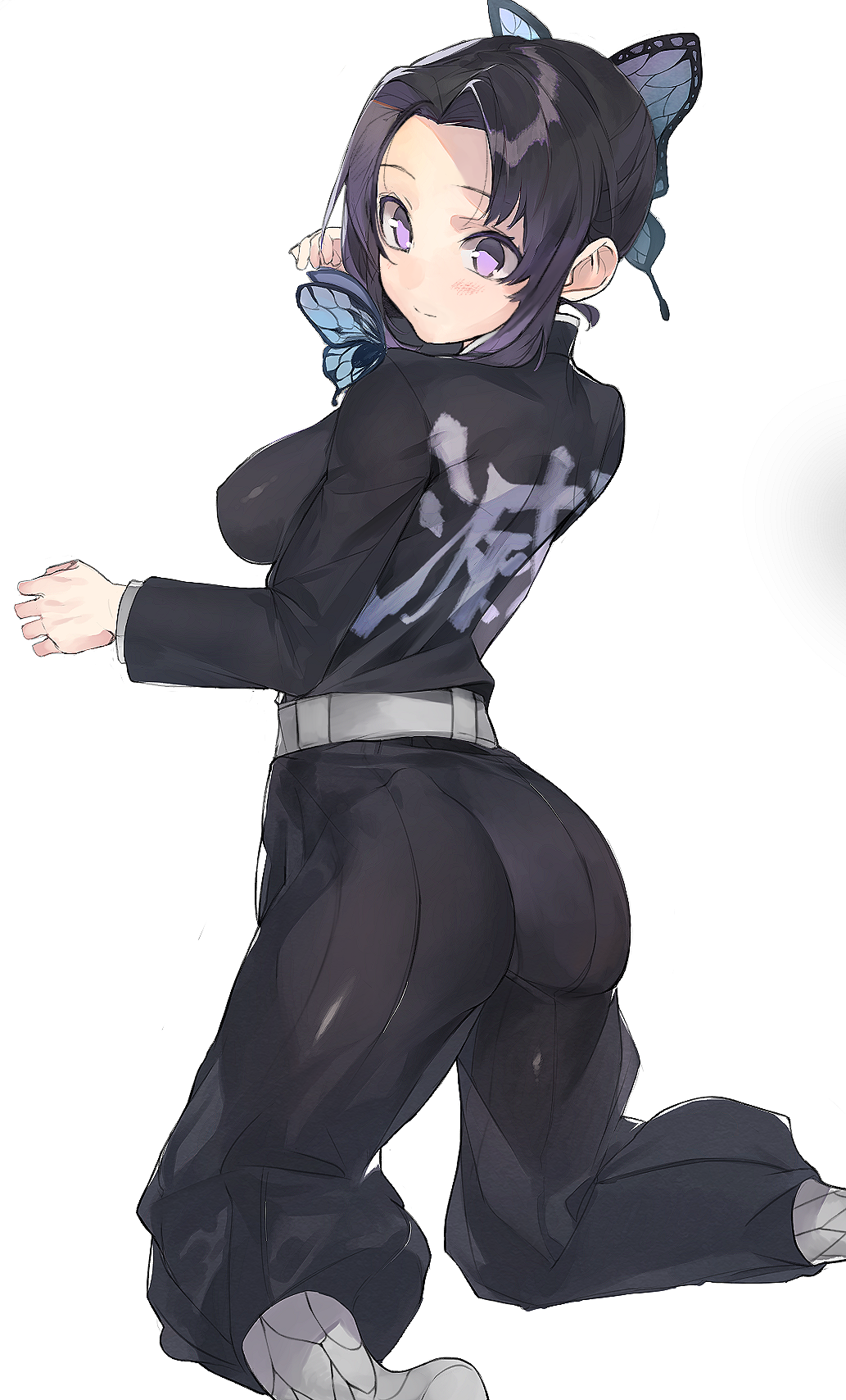 1girl, ass, black_hair, breasts, bug, butterfly, butterfly_hair_ornament, butterfly_on_shoulder, clothes_writing, commentary_request, female_focus, from_behind, full_body, hair_ornament, highres, insect, kimetsu_no_yaiba, kneeling, kochou_shinobu, long_sleeves, looking_at_viewer, looking_back, medium_breasts, pisuta_(yamashiro), purple_eyes, revision, sidelocks, simple_background, smile, solo, white_background