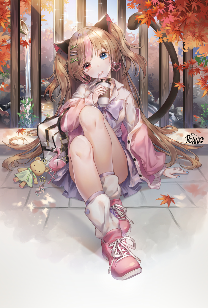 1girl, animal_ears, artist_name, bag, blue_eyes, brown_hair, cat_ears, cat_tail