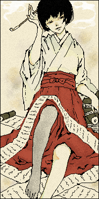 1girl, black_eyes, black_hair, female_focus, hakama, hakama_skirt, holding, holding_smoking_pipe