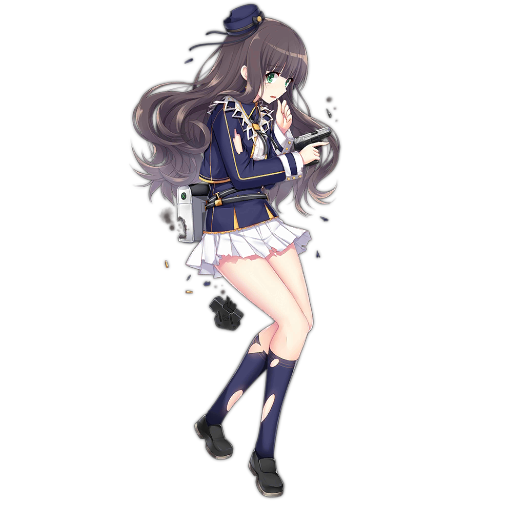 1girl, black_shoes, brown_hair, damaged, female_focus, full_body, girls'_frontline, green_eyes