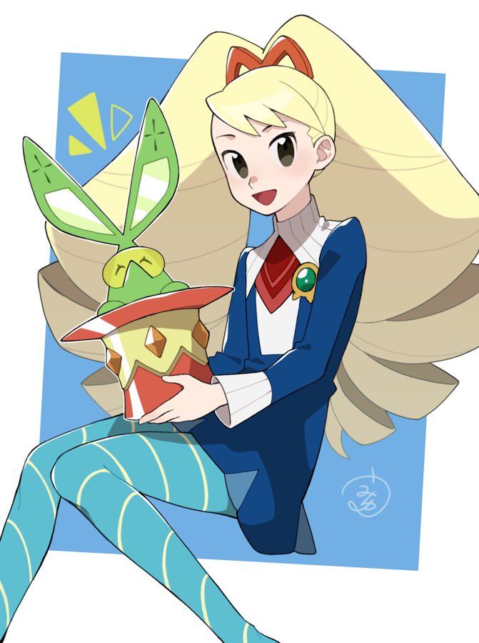 1girl, :d, big_hair, blonde_hair, blue_background, blue_pantyhose, blush, brown_eyes, capcom, drill_hair, female_focus, hat, knees_together_feet_apart, long_hair, looking_at_viewer, luna_platz_(mega_man), mega_man_(series), mega_man_star_force_(series), open_mouth, pantyhose, pekaso1118n, rabbit, sitting, smile, solo, striped_clothes, striped_pantyhose, twin_drills, twintails, vogue_(mega_man)