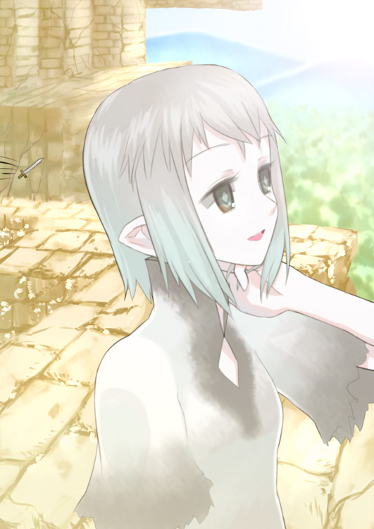 1girl, dress, female_focus, ico, outdoors, pointy_ears, short_hair, silver_hair