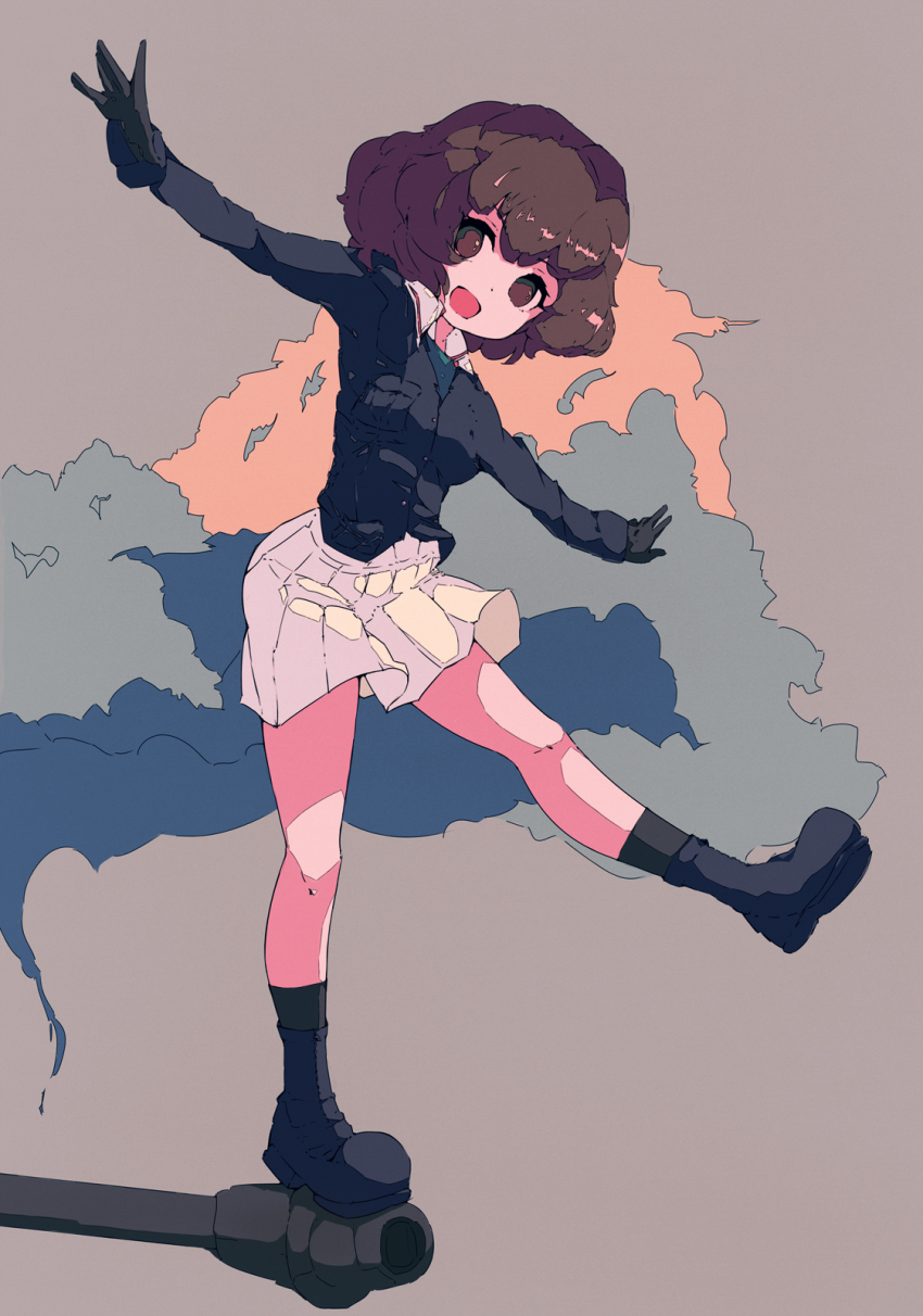 1girl, akiyama_yukari, ankle_socks, bakadebiru, balancing, blue_jacket, brown_eyes, brown_hair