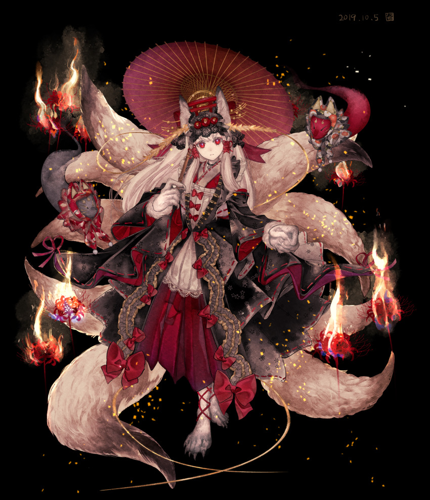 1girl, animal_ears, criac, dated, female_focus, fox_ears, fox_tail, full_body, highres, holding, holding_umbrella, original, solo, standing, tagme, tail, umbrella