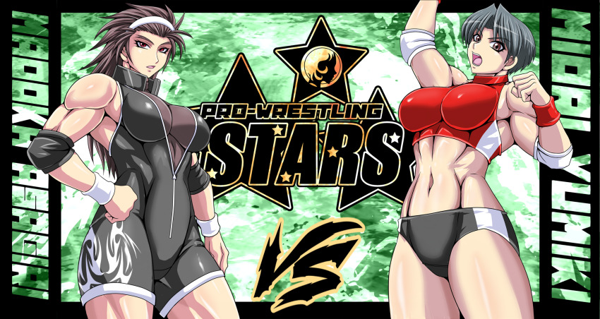 2girls, asagiri_madoka, character_name, cowboy_shot, hand_on_own_hip, highres, multiple_girls, muscular, navel, original, raised_fist, tagme, taroimo_(00120014), yumiki_miori