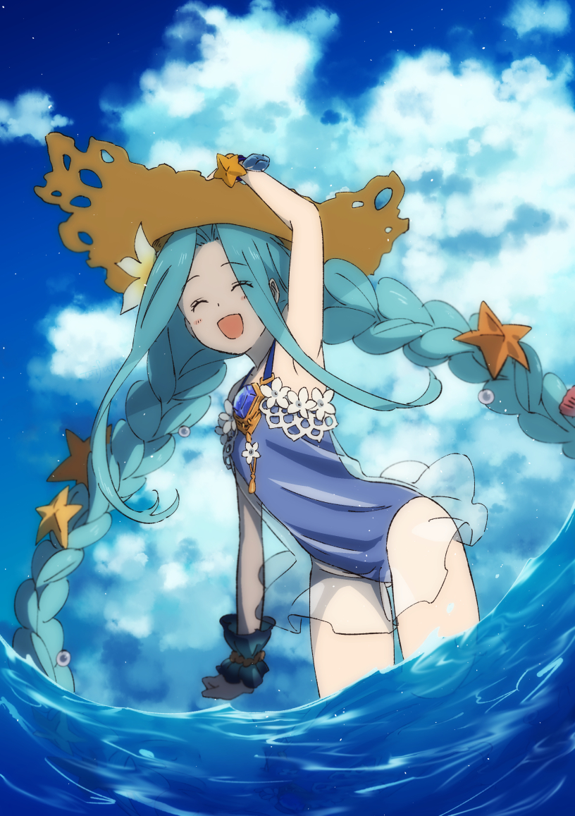 1girl, :d, arm_up, armpits, blue_hair, blue_one-piece_swimsuit, braid, brown_hat