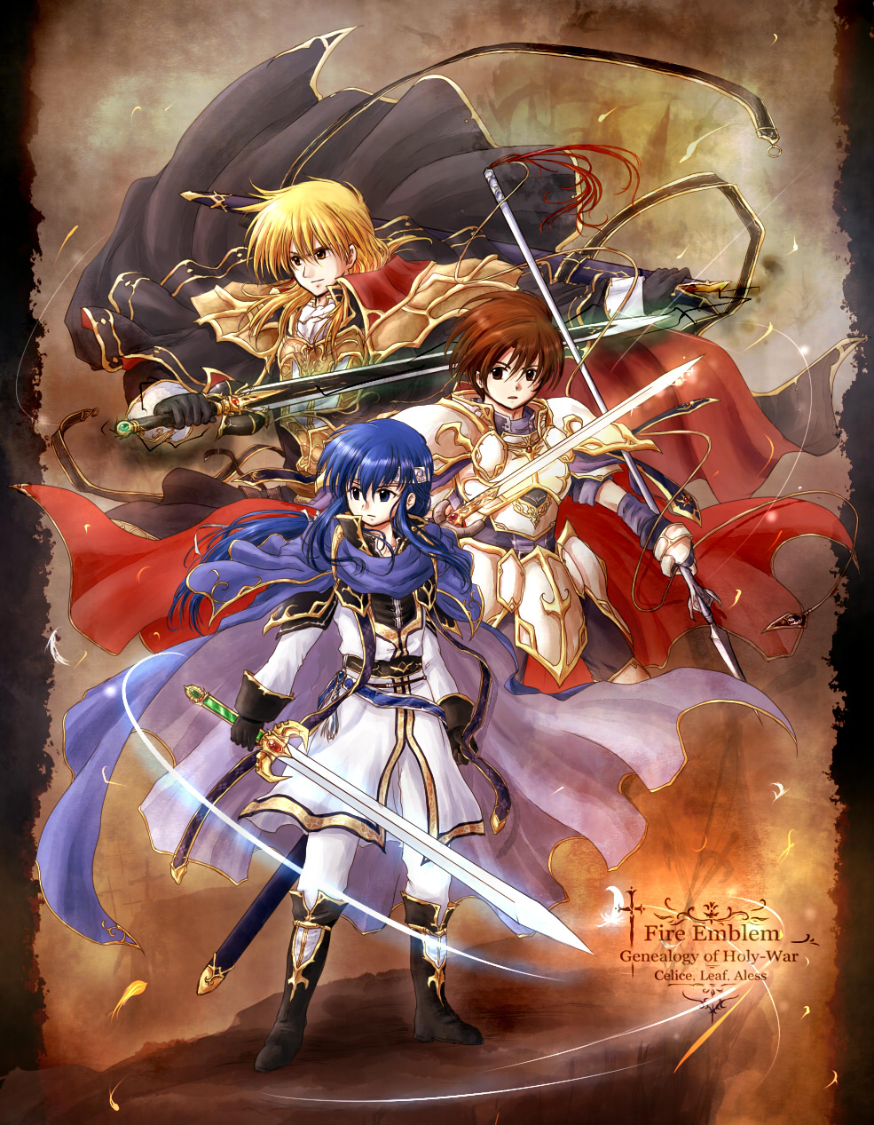 3boys, ares_(fire_emblem), armor, blonde_hair, blue_eyes, blue_hair, boots, brown_eyes