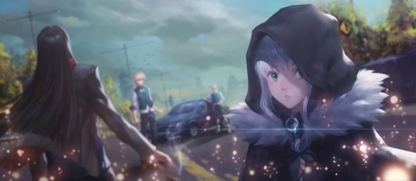 1girl, 3boys, aqua_eyes, black_hair, blurry, car, coat, depth_of_field