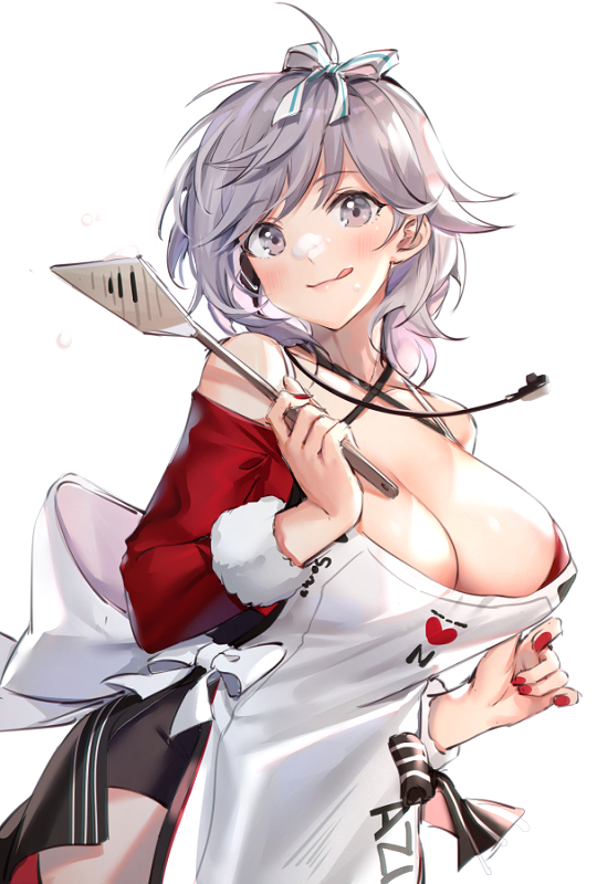 1girl, apron, azur_lane, blush, breasts, cleavage, commentary_request, douya_(233), female_focus, food, food_on_face, grey_eyes, grey_hair, hair_ribbon, head_tilt, large_breasts, licking_lips, looking_at_viewer, nail_polish, red_nails, ribbon, seattle_(azur_lane), seattle_(christmas_party_prep)_(azur_lane), short_hair, solo, spatula, tongue, tongue_out