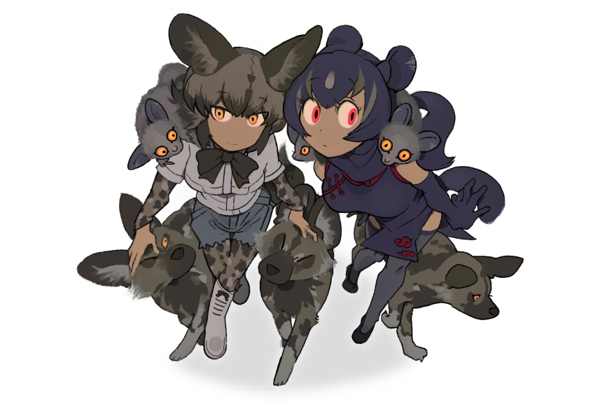 2girls, african_wild_dog, african_wild_dog_(kemono_friends), animal, animal_ears, animal_on_shoulder, aye-aye, aye-aye_(kemono_friends)