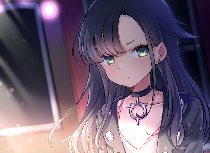 1girl, alternate_hairstyle, asymmetrical_bangs, black_choker, black_hair, black_jacket, blush, breasts