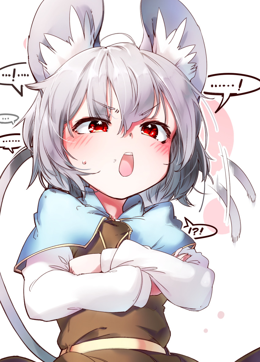 !, !?, 1girl, angry, animal_ears, blush, capelet, dress, female_focus, grey_dress, grey_hair, grey_skirt, grey_vest, highres, kibayashi_kimori, long_sleeves, mouse_(animal), mouse_ears, mouse_tail, nazrin, open_mouth, red_eyes, shirt, short_hair, skirt, skirt_set, solo, sweatdrop, tail, teeth, touhou, upper_body, upper_teeth_only, upset, vest, white_shirt