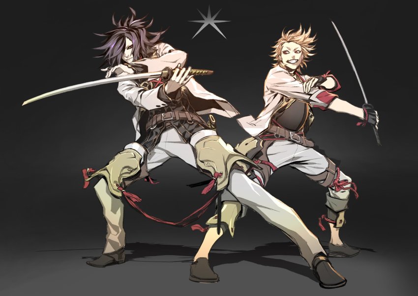 2boys, black_hair, blonde_hair, fighting_stance, hair_over_one_eye, highres, jacket, katana, knee_pads, male_focus, miwa_shirow, multiple_boys, oodenta_mitsuyo, orange_hair, pants, ponytail, sohaya-no-tsurugi, sword, touken_ranbu, weapon, white_jacket
