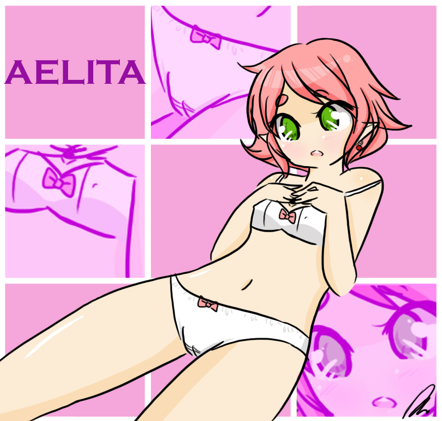 1girl, aelita, blush, bow, bow_bra, bow_panties, bra, breasts