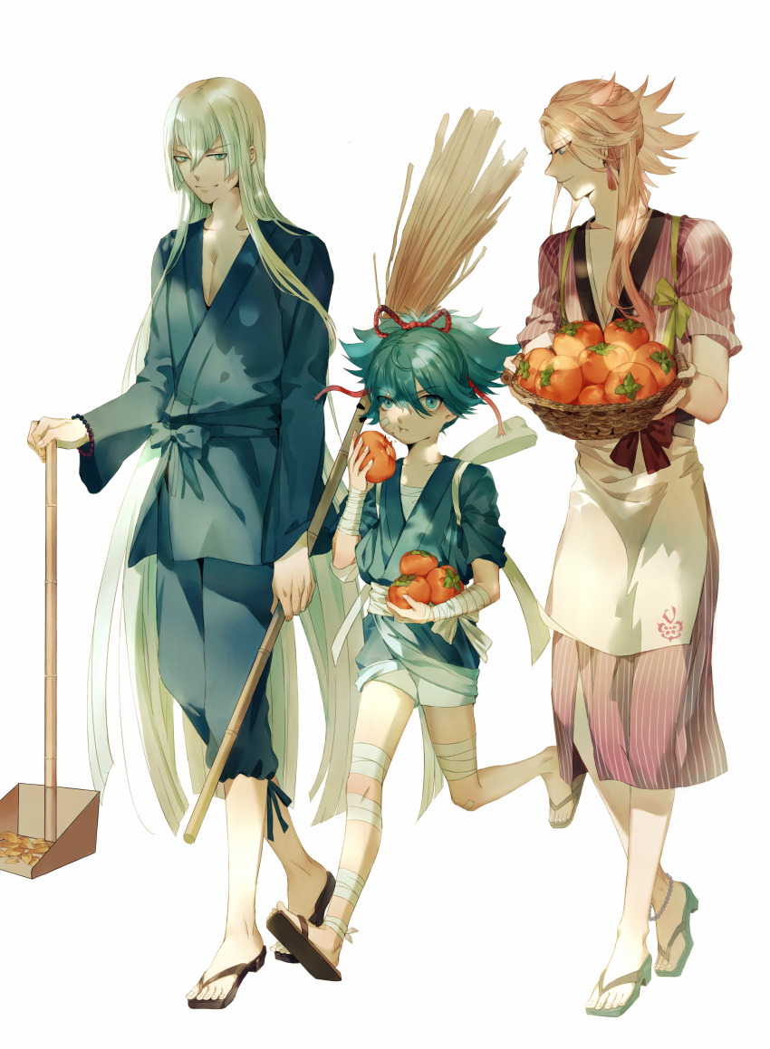 3boys, absurdres, apron, bandaged_arm, bandaged_leg, bandaged_wrist, bandages, basket
