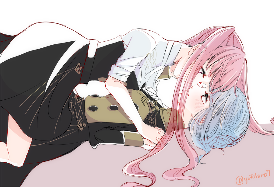 2girls, blue_hair, braid, brown_eyes, closed_mouth, crown_braid, fire_emblem, fire_emblem:_three_houses