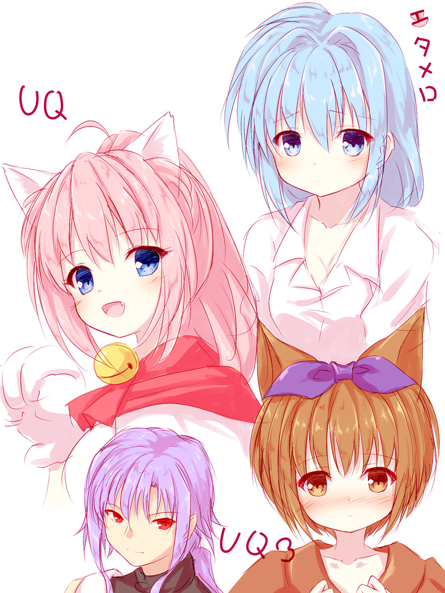 4girls, :d, animal_ears, animal_hands, bell, blue_eyes, blue_hair, blush