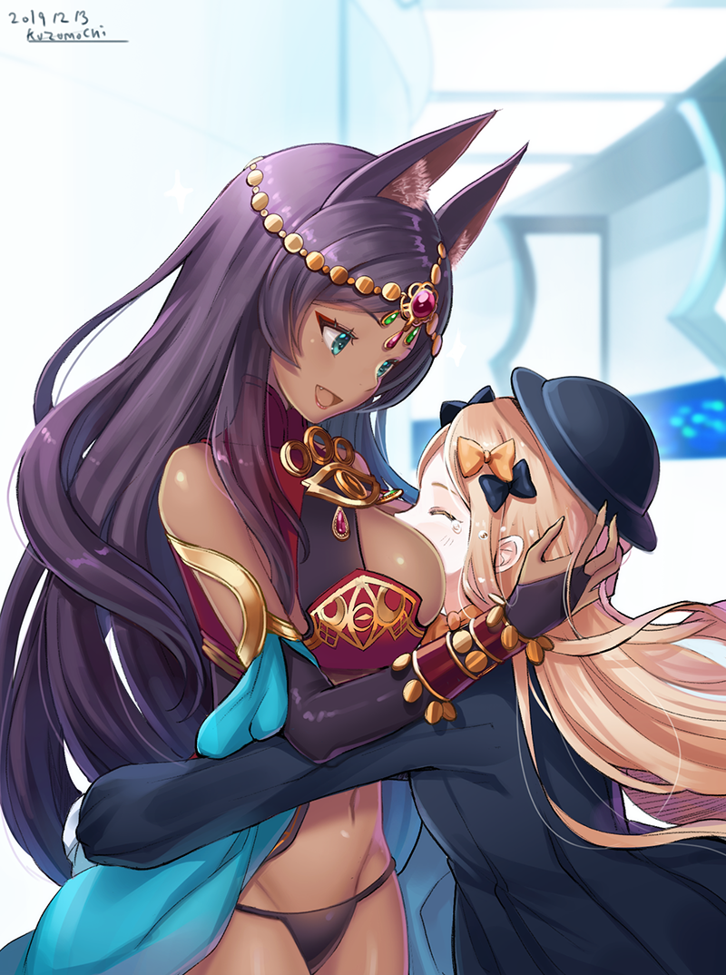2girls, :d, abigail_williams_(fate), abigail_williams_(first_ascension)_(fate), animal_ear_fluff, animal_ears, bare_shoulders, between_breasts