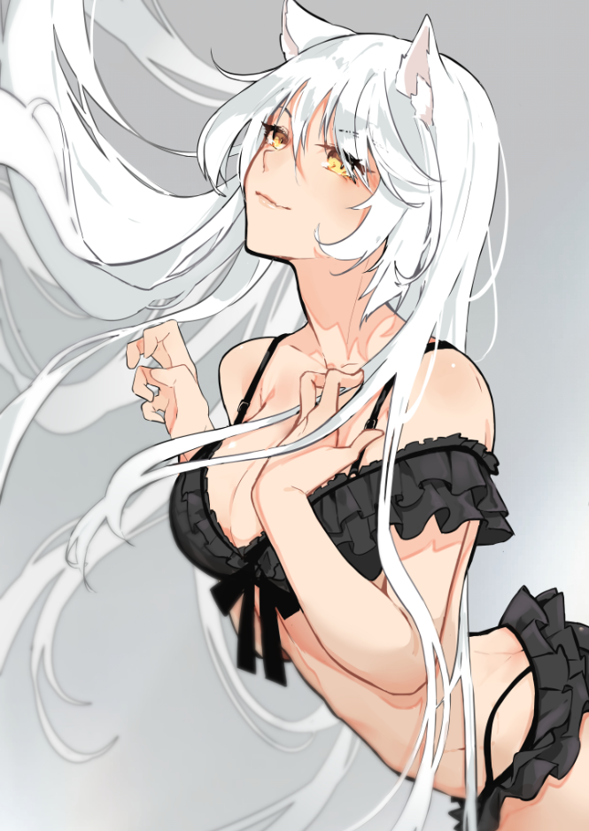 1girl, animal_ears, black_bra, black_hanekawa, black_panties, blush, bra, breasts