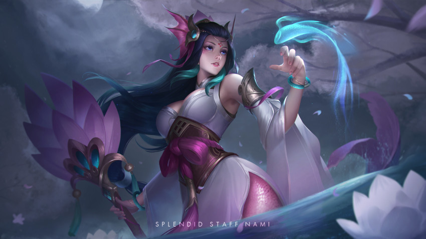 1girl, alternate_costume, alternate_hair_color, black_hair, blue_eyes, bracelet, cleavage, detached_sleeves, earrings, facial_mark, facing_viewer, flower, forehead_mark, furisode, headpiece, highres, japanese_clothes, jewelry, kimono, koi, league_of_legends, long_hair, looking_to_the_side, mermaid, monster_girl, nami_(league_of_legends), obi, sash, splendid_staff_nami, staff, starry-hp, very_long_hair, water