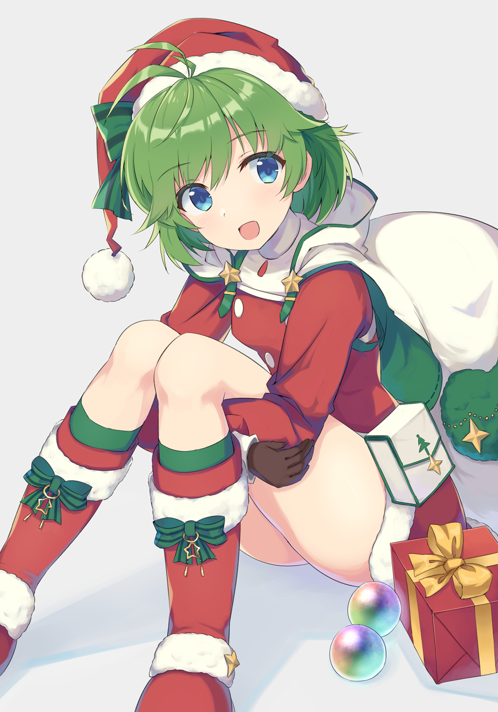 1girl, :d, antenna_hair, blue_eyes, blush, boots, box, brown_gloves