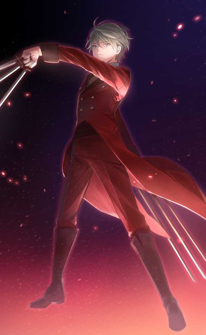 1boy, aki_(neyuki41028), aldnoah.zero, black_boots, black_keys_(type-moon), blue_eyes, boots, closed_mouth