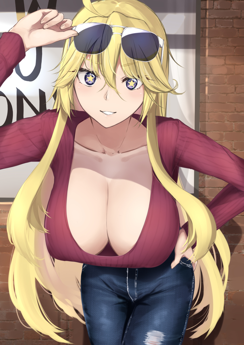 1girl, absurdres, adjusting_eyewear, ahoge, aviator_sunglasses, blonde_hair, blue_eyes, breasts