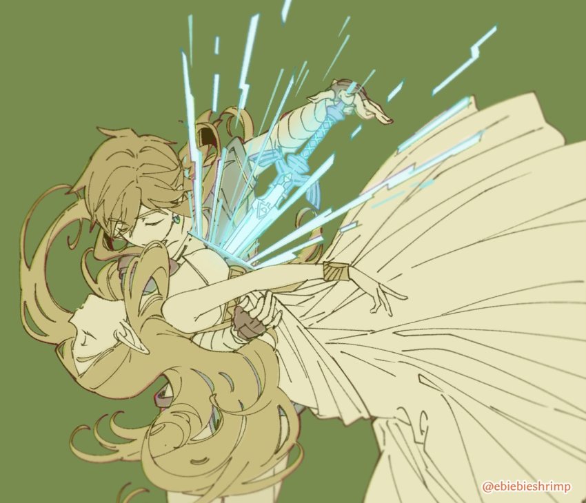 1boy, 1girl, blonde_hair, closed_eyes, dress, earrings, green_background, human_scabbard, jewelry, link, master_sword, nintendo, parody, pointy_ears, ponytail, princess_zelda, sekai_wo_kakumei_suru_chikara_wo, shoujo_kakumei_utena, shuri_(84k), simple_background, sword, the_legend_of_zelda, the_legend_of_zelda:_breath_of_the_wild, twitter_username, weapon