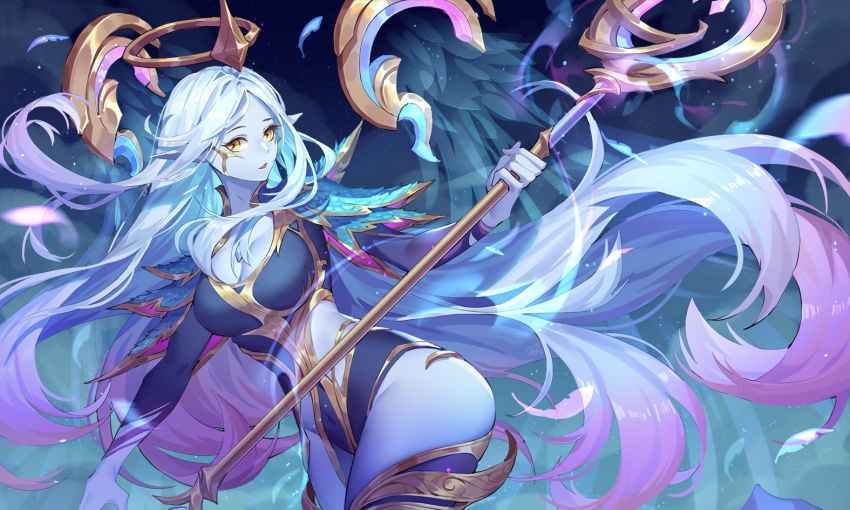 1girl, alternate_costume, armor, asymmetrical_clothes, blue_skin, blue_thighhighs, breasts, cleavage, colored_skin, dawnbringer_soraka, feathers, gold_trim, gradient_hair, halo, kan_(rainconan), league_of_legends, long_hair, multicolored_hair, pauldrons, shoulder_armor, simple_background, soraka_(league_of_legends), staff, thighhighs, yellow_eyes