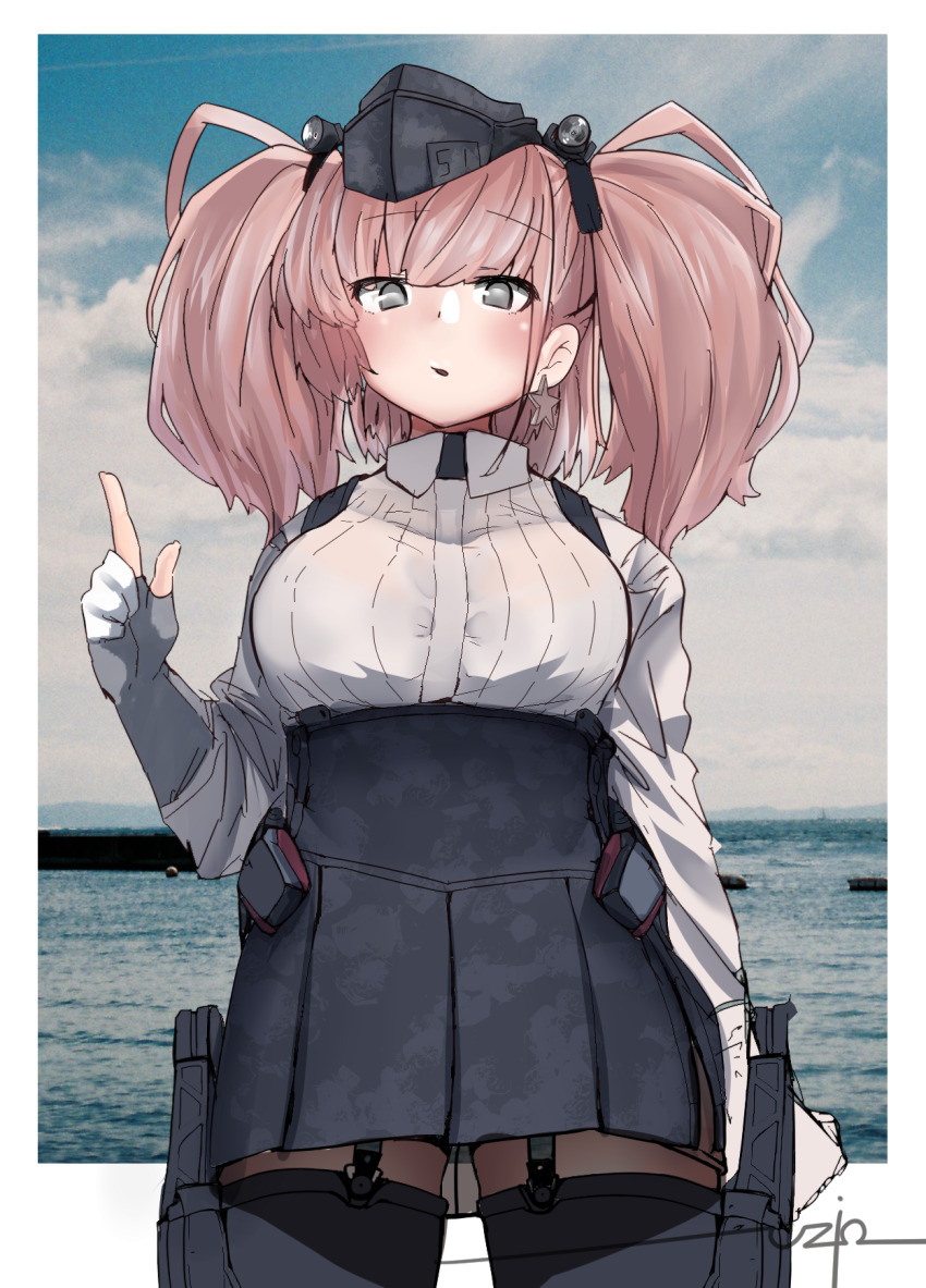 1girl, atlanta_(kancolle), black_skirt, bra_visible_through_clothes, breasts, brown_hair, commentary_request, cowboy_shot