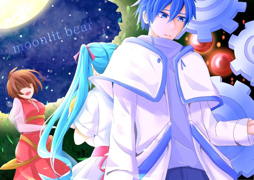 1boy, 2girls, adam_moonlit, akame_(akame0516), aqua_hair, baby, back-to-back, blonde_hair