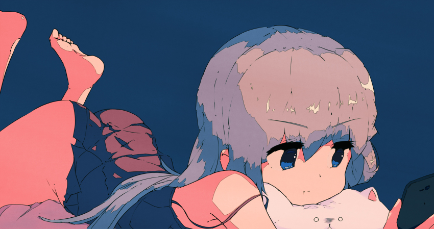 1girl, angry, ass, bakadebiru, bare_legs, bare_shoulders, barefoot, bed_sheet