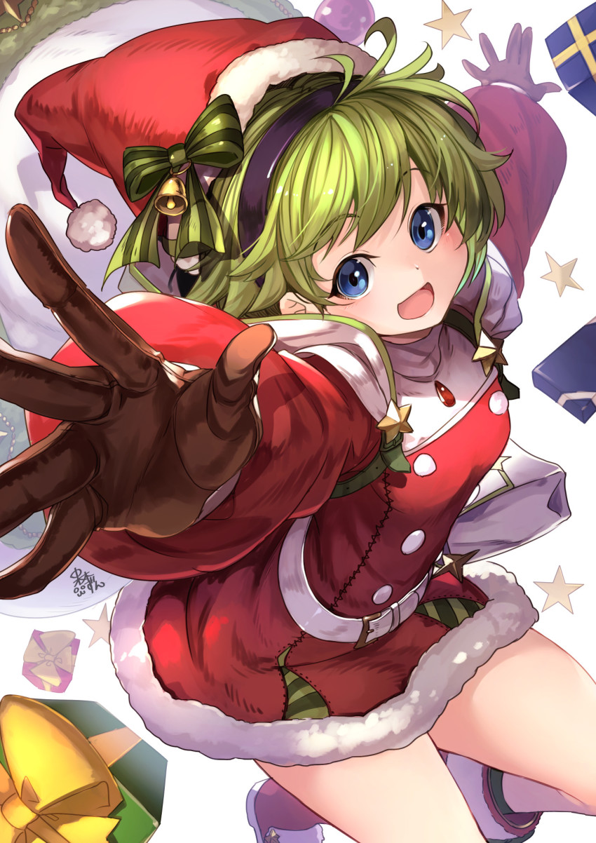 1girl, bell, belt, blue_eyes, bow, box, brown_gloves, female_focus, fire_emblem, fire_emblem:_the_blazing_blade, fire_emblem_heroes, fur_trim, gift, gift_box, gloves, green_hair, hairband, hat, highres, long_sleeves, nakabayashi_zun, nino_(fire_emblem), nino_(winter)_(fire_emblem), nintendo, open_mouth, pom_pom_(clothes), red_headwear, santa_costume, santa_hat, short_hair, solo, star_(symbol), thighs