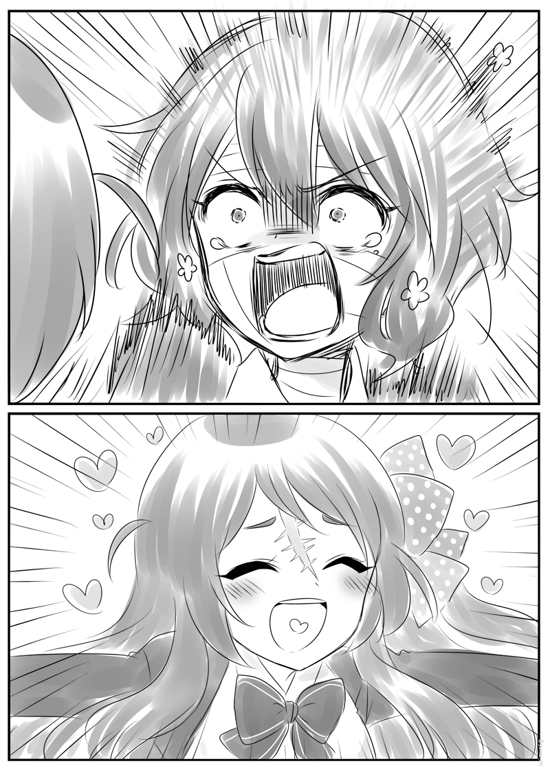 2girls, ahoge, bow, comic, commentary_request, closed_eyes, greyscale, hair_bow