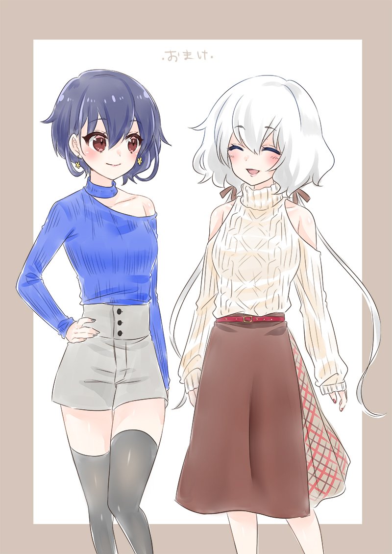 2girls, belt, black_hair, black_legwear, commentary_request, earrings, closed_eyes, jewelry