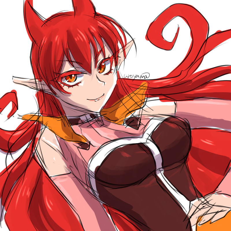 10s, 1girl, artist_name, azazel_ameri, black_shirt, breasts, bridal_gauntlets, closed_mouth, demon_girl, detached_sleeves, dutch_angle, female_focus, hair_between_eyes, hand_on_own_hip, large_breasts, lips, long_hair, looking_at_viewer, mairimashita!_iruma-kun, matching_hair/eyes, pointy_ears, popped_collar, red_eyes, red_hair, shirt, signature, simple_background, sketch, sleeveless, sleeveless_shirt, smile, solo, tsurime, upper_body, uroyama_(macrophage), v-shaped_eyebrows, very_long_hair, white_background