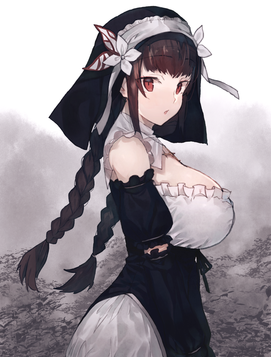 1girl, bad_id, bad_pixiv_id, black_dress, bow, braid, breasts, brown_hair