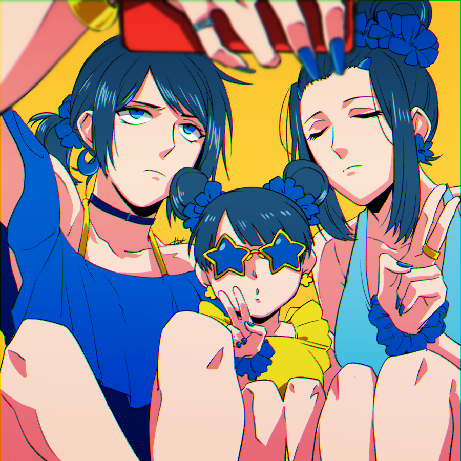 3girls, 55_yamisan, :o, alternate_color, alternate_costume, bad_id, bad_pixiv_id, bare_shoulders, black_hair, blue-tinted_eyewear, blue-tinted_glasses, blue_hair, brown_hair, casual, closed_eyes, double_bun, dress, earrings, flower, group_picture, hagiwara56, hair_bun, hair_flower, hair_ornament, headhunter_(katana_zero), holding, holding_phone, jewelry, katana_zero, little_girl_(katana_zero), multiple_girls, nail_polish, phone, ponytail, ring, selfie, single_hair_bun, snow_(katana_zero), star-shaped_eyewear, star_(symbol), sunglasses, taking_picture, tank_top, tinted_eyewear, twintails, v, white_background