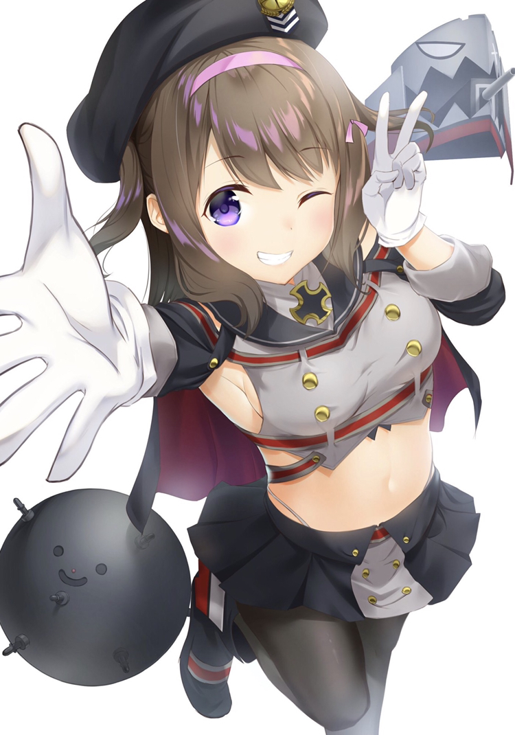 1girl, armpits, arms_up, azur_lane, beret, black_boots, black_headwear, black_pantyhose, black_skirt, bomb, boots, breasts, brown_hair, commentary_request, cross, em_(naval_mine), explosive, female_focus, gloves, grey_shirt, grin, hair_ribbon, hairband, hat, iron_cross, long_hair, long_sleeves, looking_at_viewer, medium_breasts, midriff, mine_(weapon), naval_mine, navel, one_eye_closed, outstretched_arm, pantyhose, pleated_skirt, purple_eyes, ribbon, rigging, sailor_collar, shirt, sideboob, sidelocks, skirt, sleeveless, sleeveless_shirt, smile, solo, standing, standing_on_one_leg, tsunenorip, two_side_up, v, white_gloves, z35_(azur_lane)