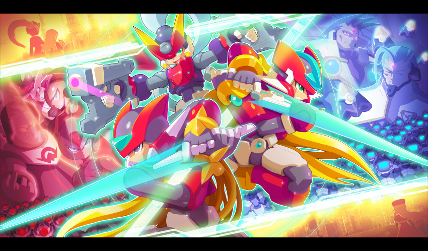 6+boys, absurdres, alouette_(mega_man), android, armor, ashe_(mega_man), blonde_hair, capcom