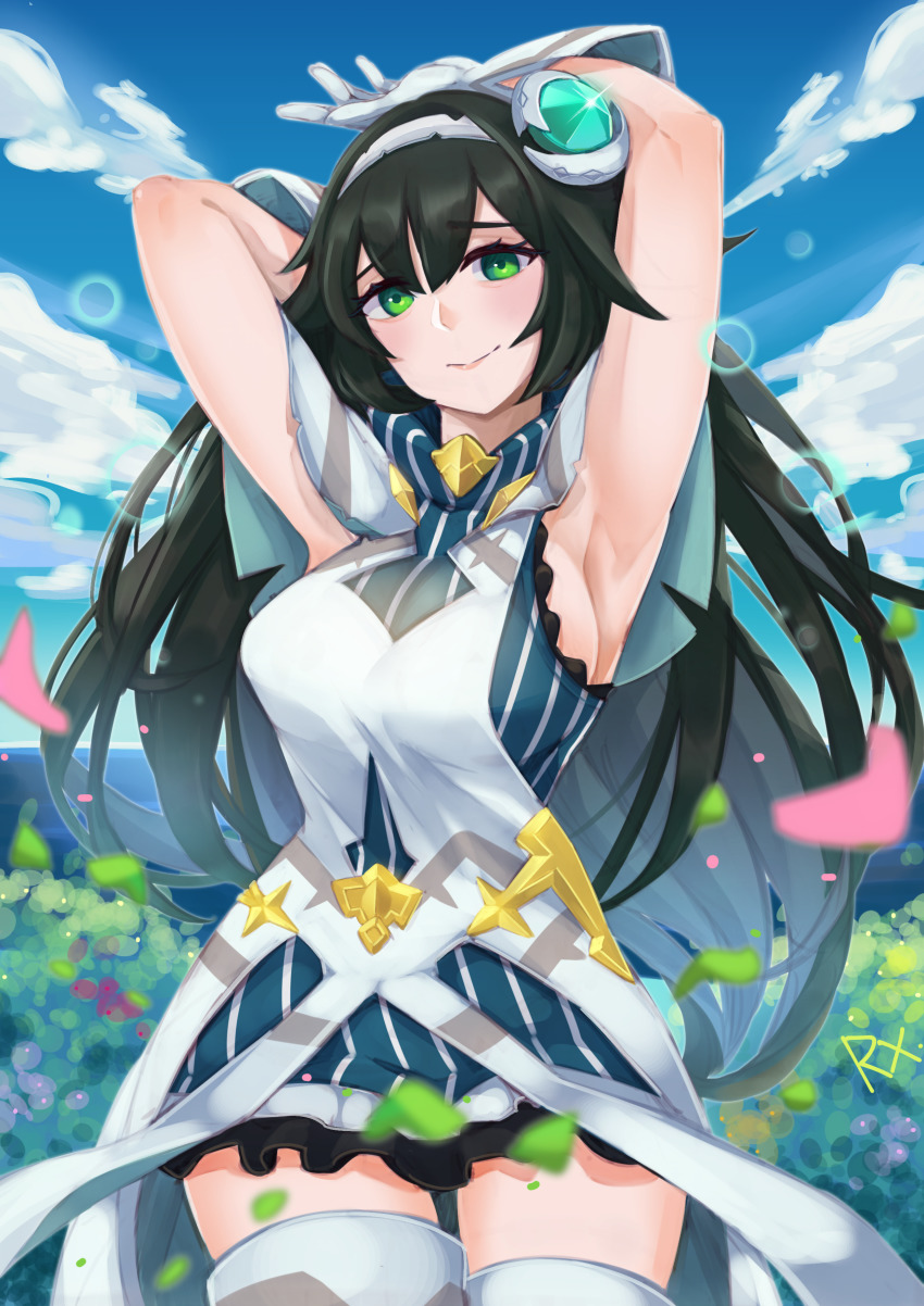 1girl, absurdres, armpits, arms_up, black_hair, blue_dress, breasts, cloud