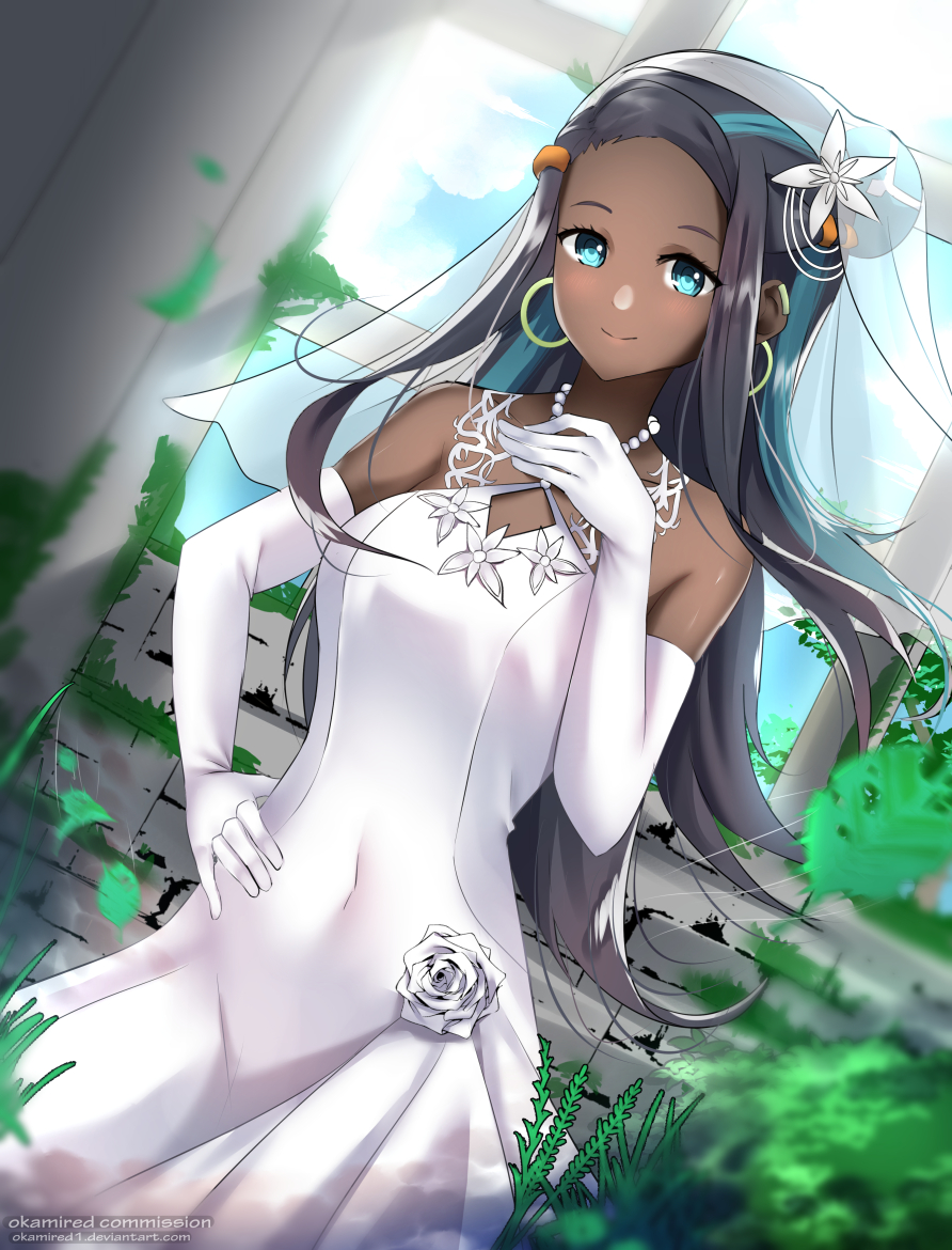1girl, bare_shoulders, black_hair, blue_eyes, blue_hair, blush, breasts, bride, commission, covered_navel, dark-skinned_female, dark_skin, day, dress, earrings, elbow_gloves, female_focus, flower, gloves, hair_bun, hoop_earrings, indoors, jewelry, long_hair, looking_at_viewer, medium_breasts, multicolored_hair, necklace, nessa_(pokemon), nintendo, okamired, pearl_necklace, pokemon, pokemon_sword_and_shield, rose, single_hair_bun, sky, smile, solo, two-tone_hair, veil, watermark, web_address, wedding_dress, white_dress, white_flower, white_gloves, white_rose, window