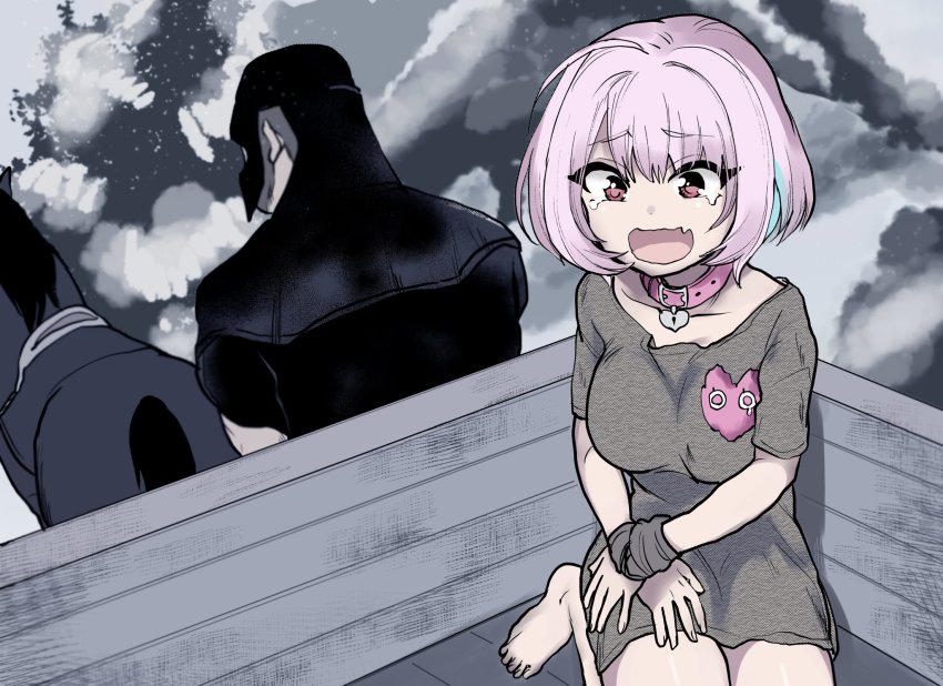 1boy, 1girl, animal, azu_(azu401), barefoot, bound, bound_wrists, breasts