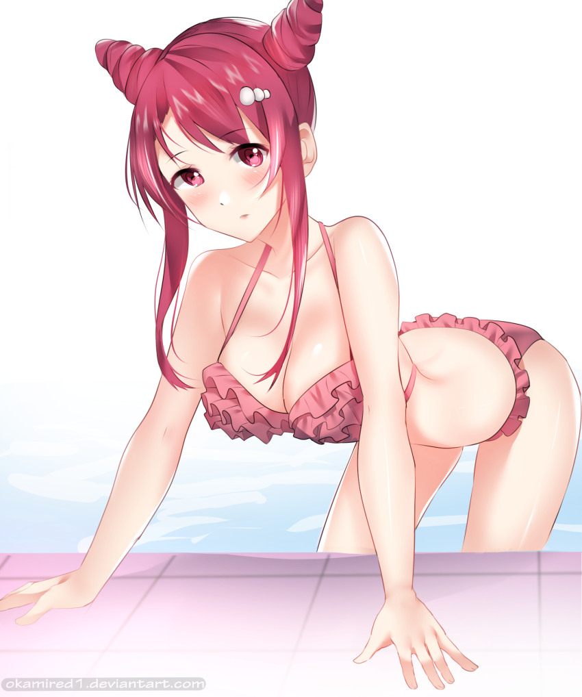 1girl, bent_over, bikini, blush, breasts, cleavage, closed_mouth, collarbone, double_bun, female_focus, frilled_bikini, frills, gyaru, hair_bun, hair_ornament, highres, legs, looking_at_viewer, mayama_asaka, medium_breasts, okamired, ore_wo_suki_nano_wa_omae_dake_ka_yo, pool, poolside, red_bikini, red_eyes, red_hair, shiny_skin, short_hair_with_long_locks, sidelocks, solo, swimsuit, watermark, web_address, white_background