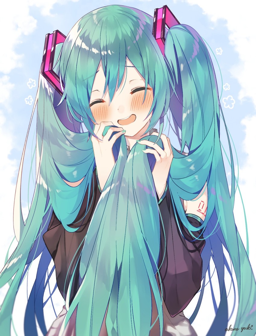 1girl, :d, ^_^, akane_yuki_(yukito0306), aqua_hair, aqua_nails, artist_name, bare_shoulders