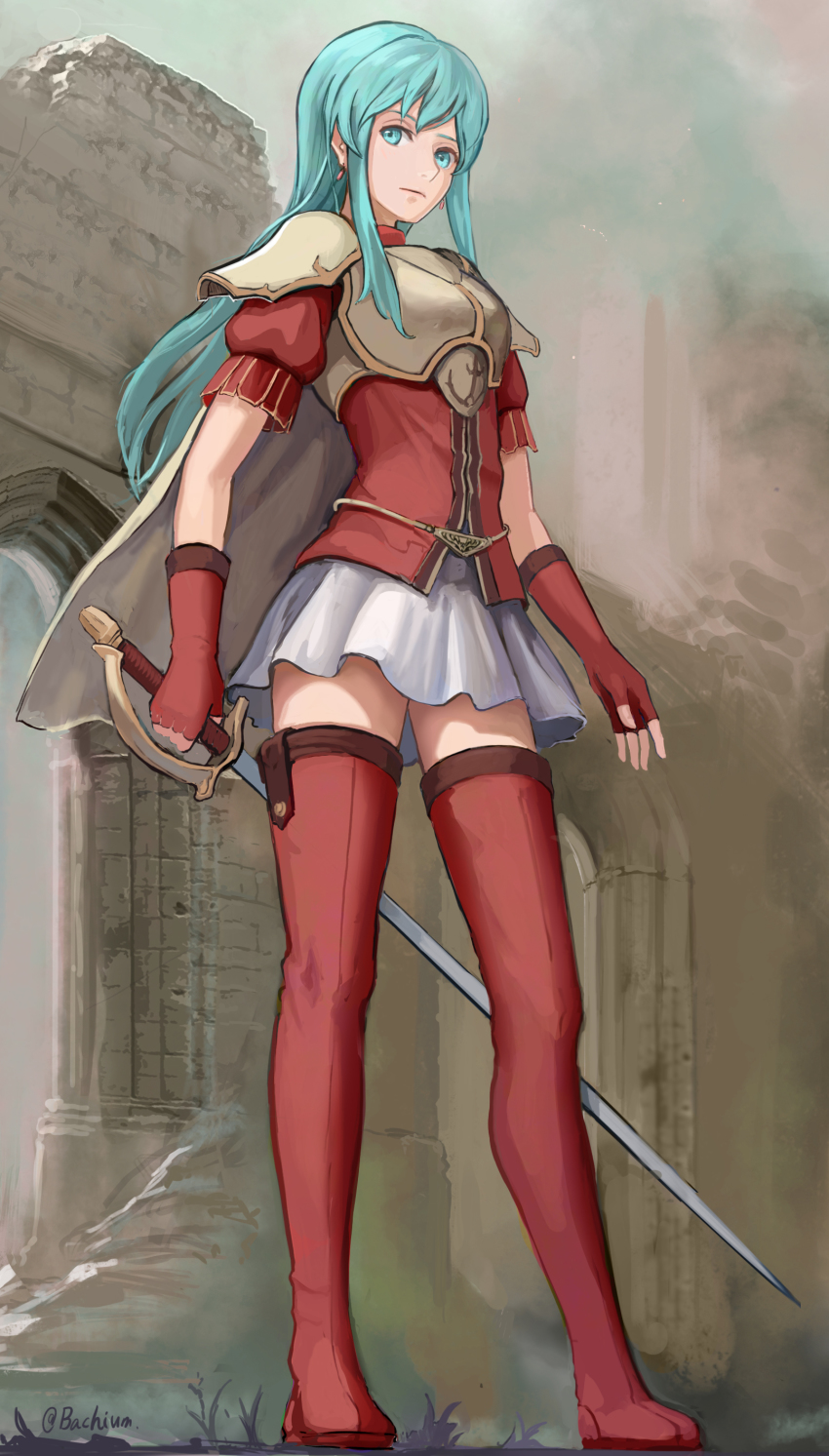 1girl, absurdres, armor, bachium, blue_eyes, blue_hair, boots, breastplate, closed_mouth, earrings, eirika_(fire_emblem), elbow_gloves, female_focus, fingerless_gloves, fire_emblem, fire_emblem:_the_sacred_stones, full_body, gloves, highres, holding, holding_sword, holding_weapon, jewelry, long_hair, miniskirt, nintendo, outdoors, pauldrons, pleated_skirt, red_boots, red_gloves, red_shirt, red_thighhighs, saber_(weapon), shirt, short_sleeves, shoulder_armor, signature, skirt, solo, standing, straight_hair, sword, thigh_boots, thighhighs, very_long_hair, weapon, white_skirt, zettai_ryouiki