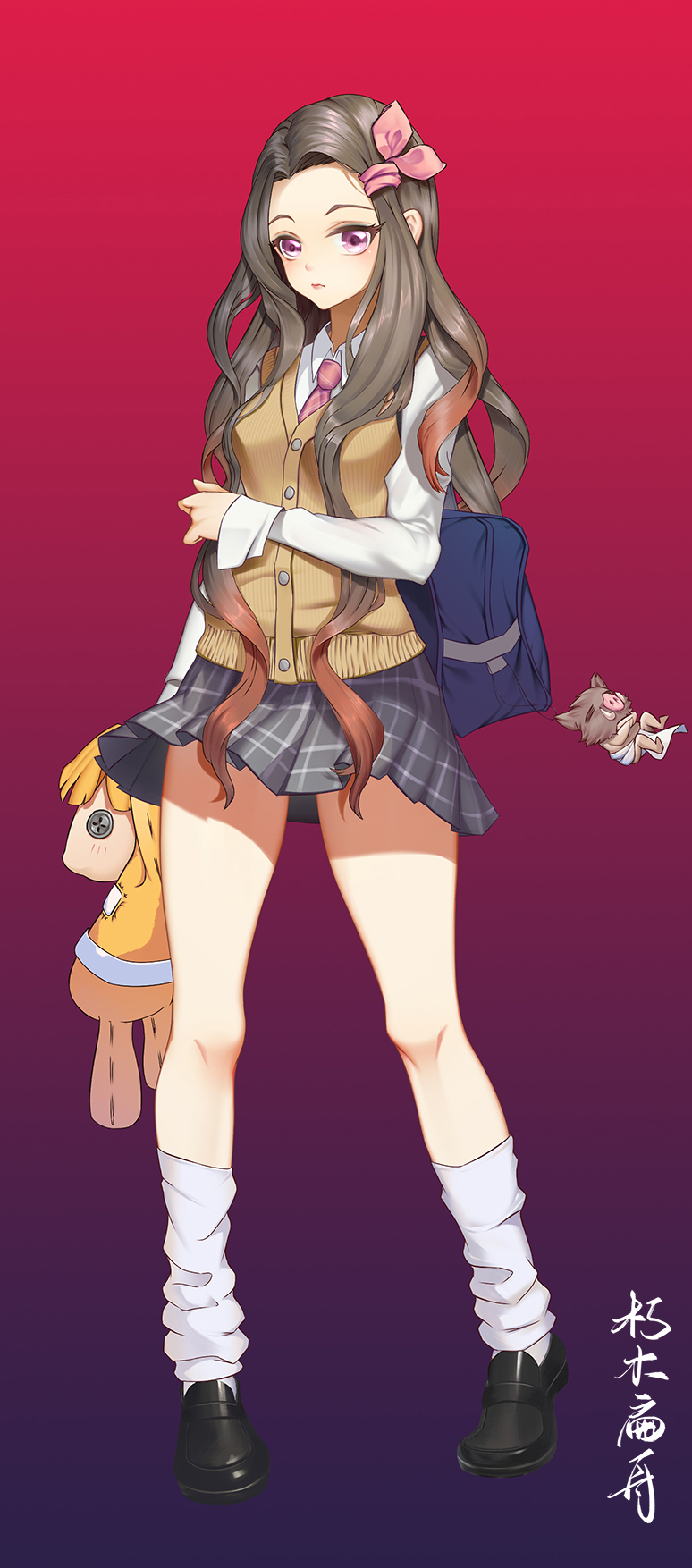 1girl, alternate_costume, bag, black_shoes, brown_hair, character_doll, closed_mouth, curly_hair