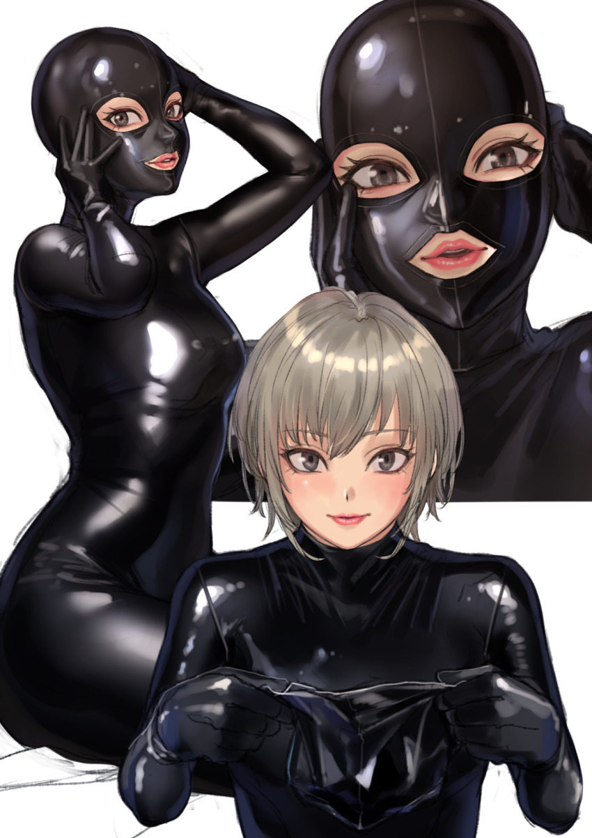 1girl, blush, bodysuit, brown_eyes, brown_hair, gimp_mask, gimp_suit, highres, kilye_kairi, latex, latex_bodysuit, latex_mask, looking_at_viewer, mask, multiple_views, original, parted_lips, shiny_clothes, short_hair, skin_tight, smile