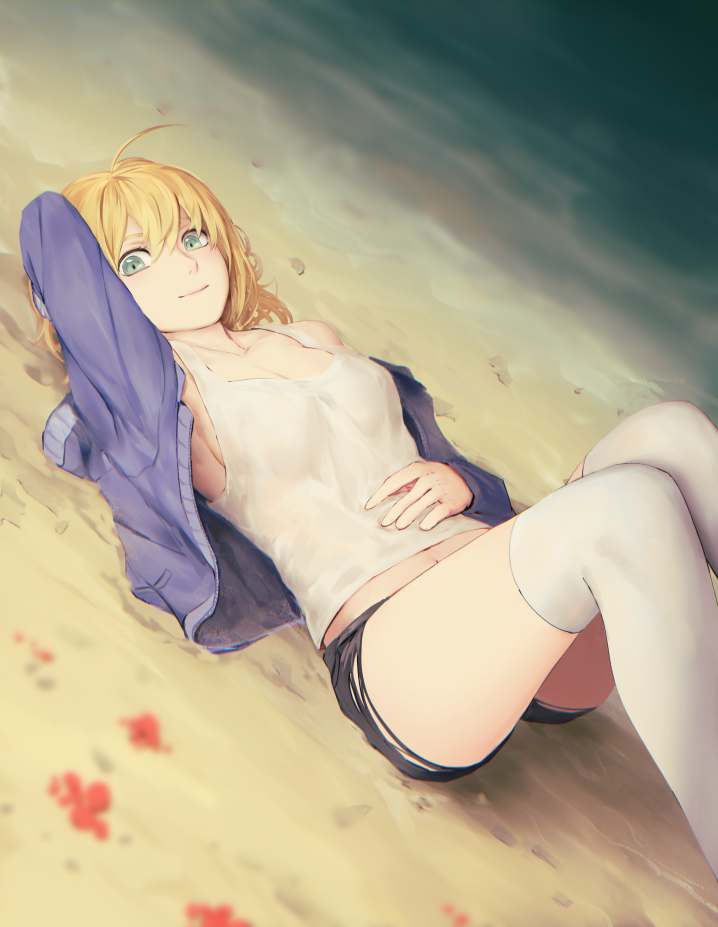 1girl, ahoge, alternate_costume, arm_up, artoria_pendragon_(fate), bad_id, bad_pixiv_id, bare_shoulders